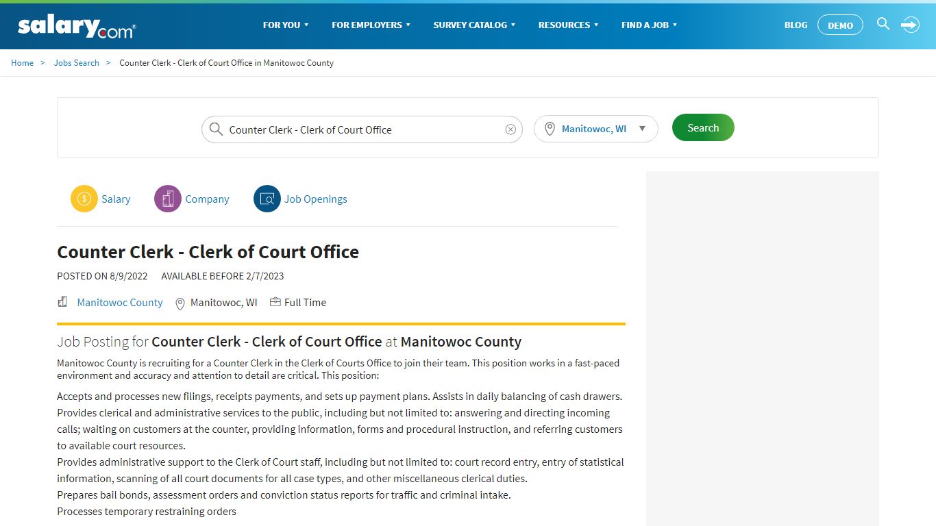 Counter Clerk - Clerk of Court Office Job Opening in Manitowoc, WI at ...